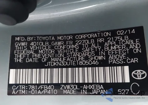 2014 Toyota Prius Three z USA, uszkodzony, nr VIN JTDKN3DU1E1805046